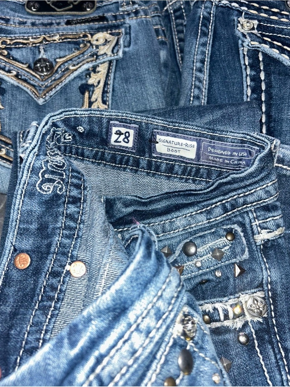 (3) Miss Me Blue Embellished Bootcut Jeans Trio - Distressed & Detailed - Picture 2 of 7